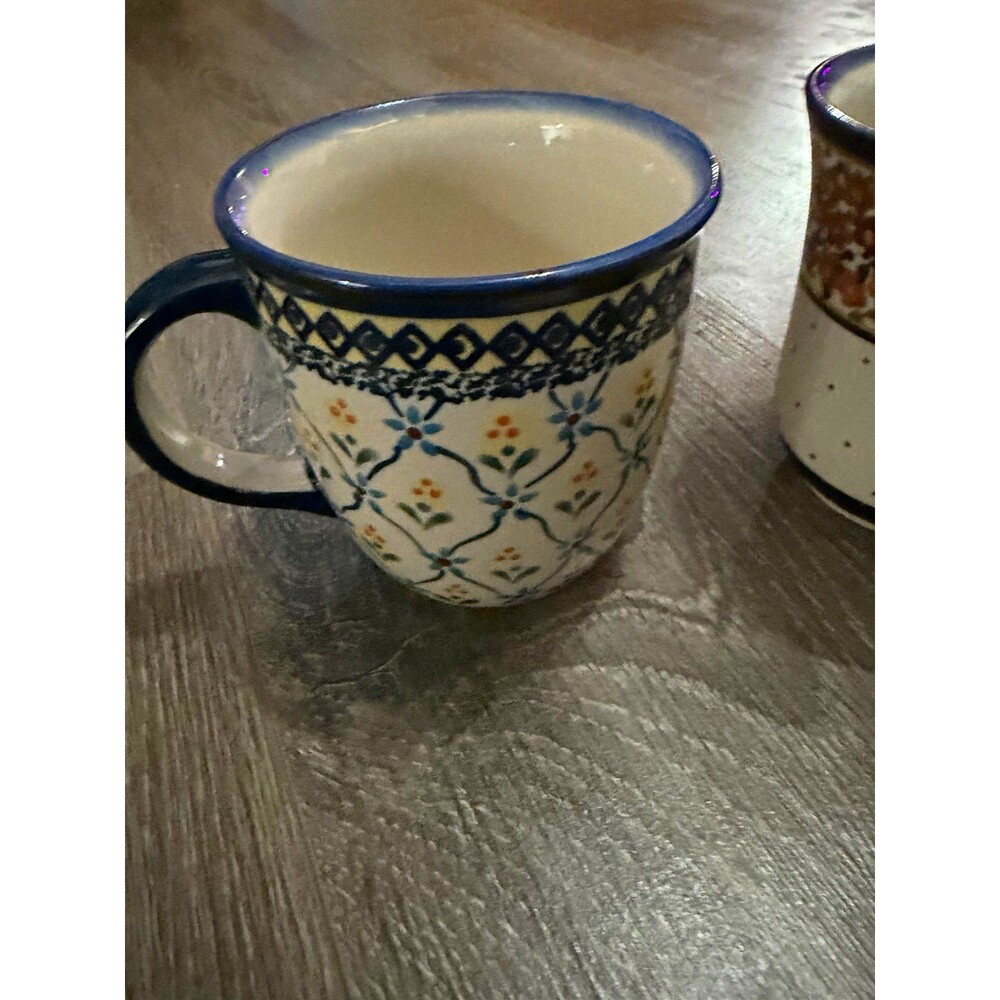 Boleslawiec Polish Pottery 12 oz Ceramic Coffee Mug Floral Blue Rim